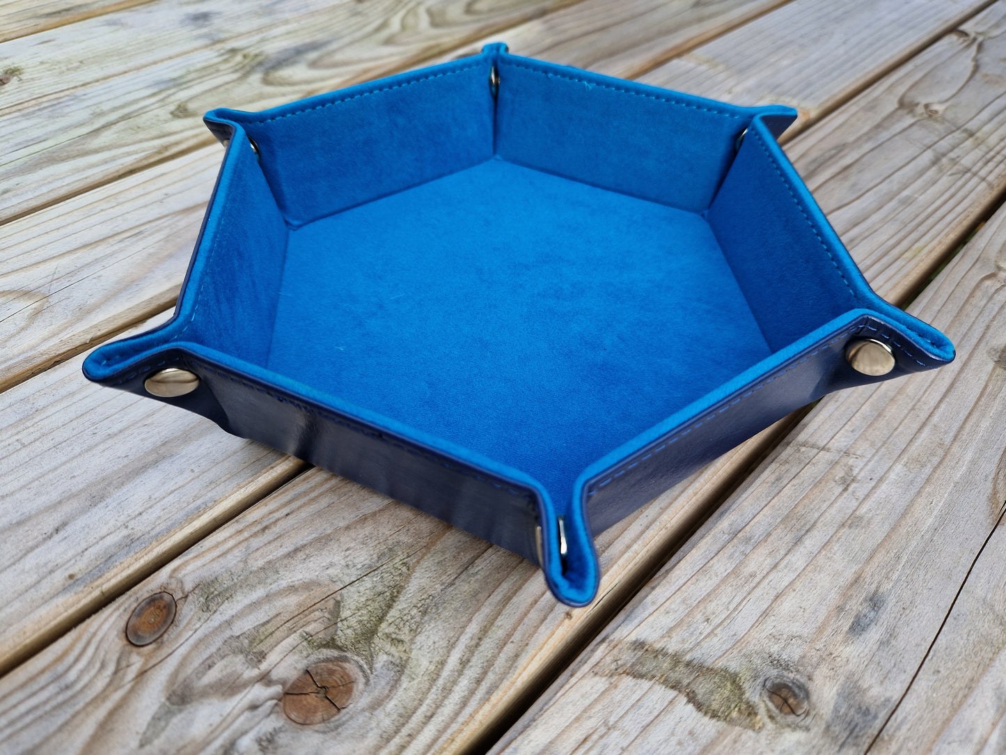 Hexagonal dice rolling tray in blue