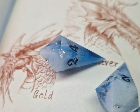 Blue white and silver fireball dice