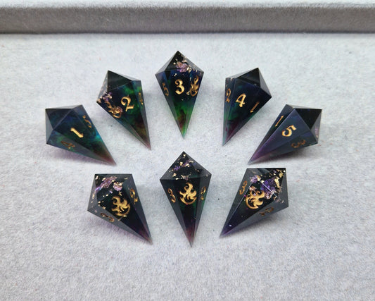 multicoloured resin fireball dice