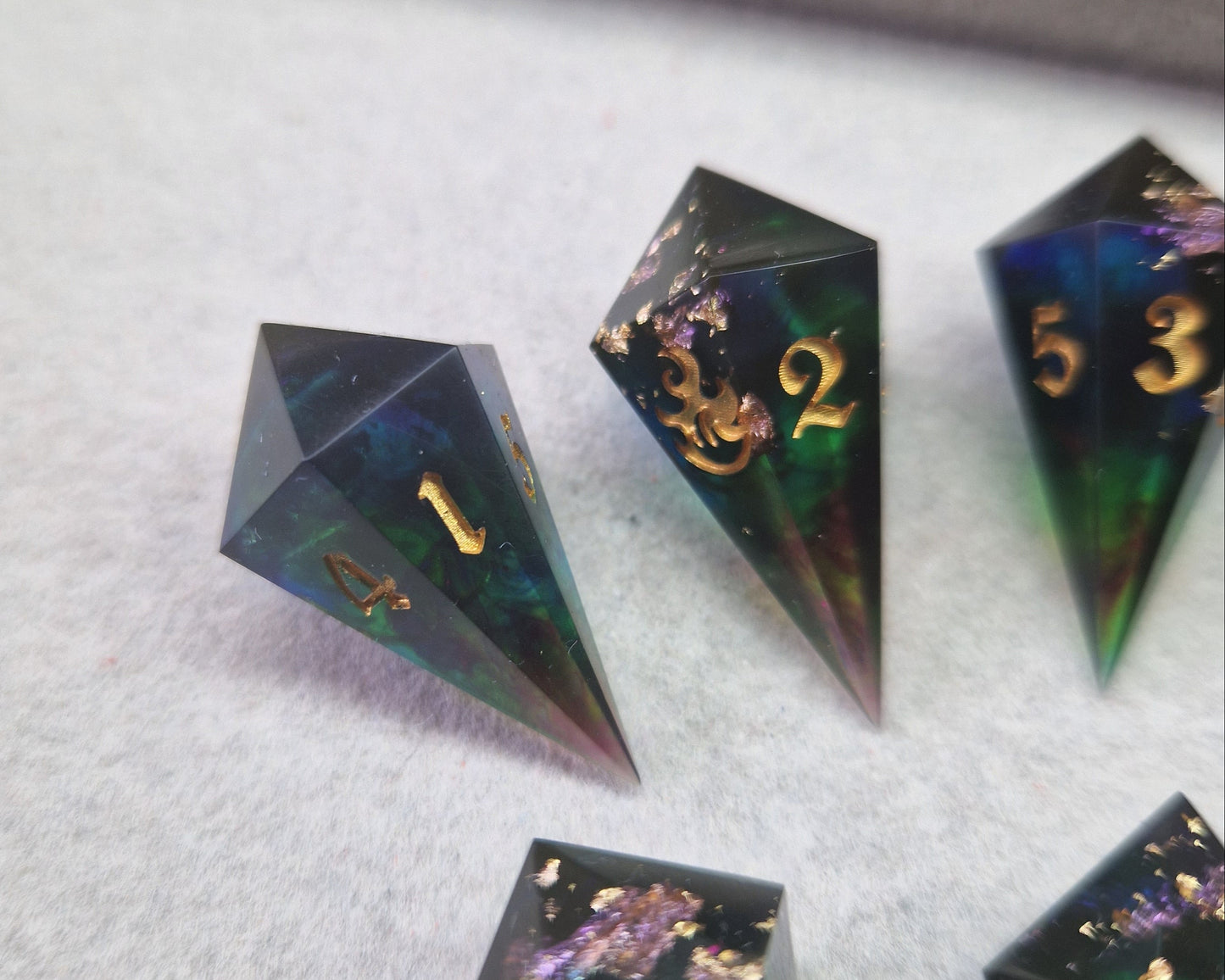 multicoloured resin fireball dice