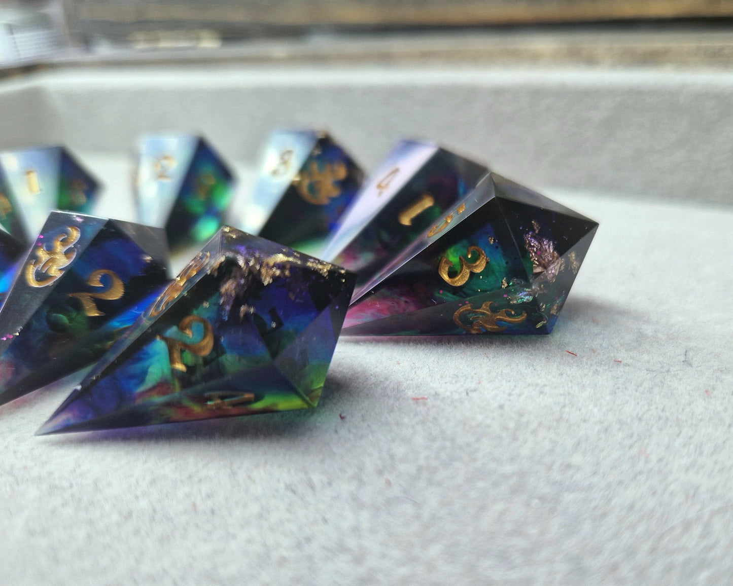 multicoloured resin fireball dice