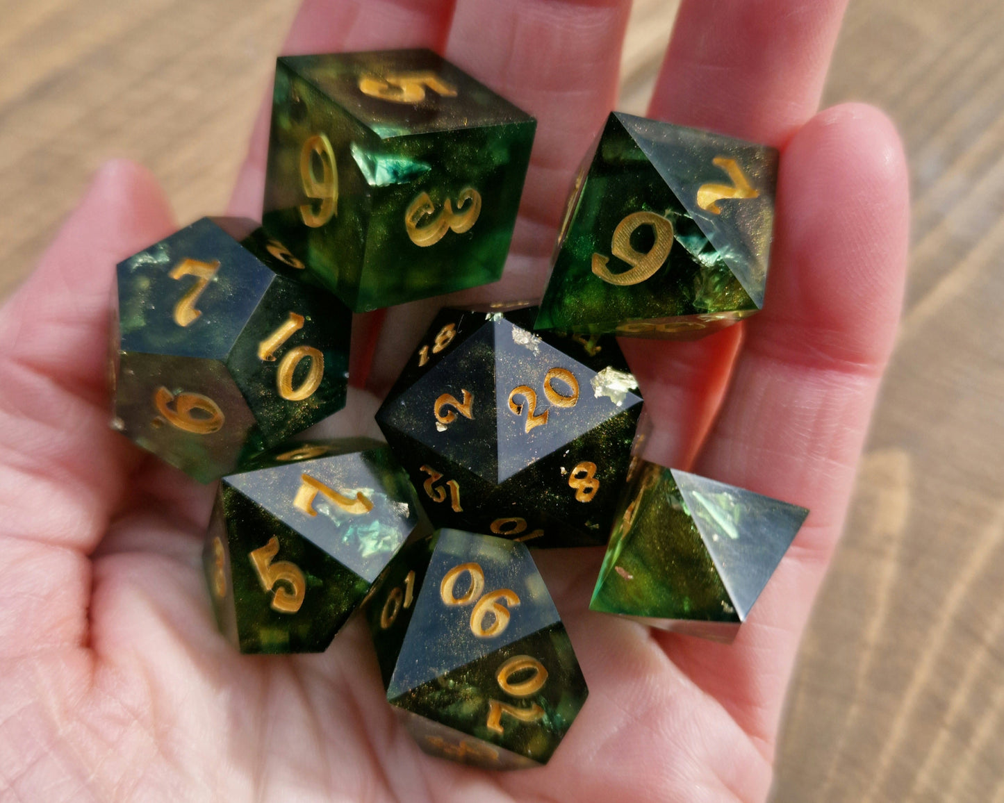 Green and gold resin sharp edge dice