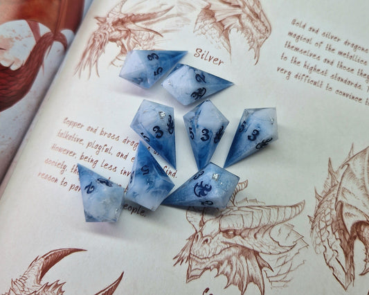 Blue white and silver fireball dice