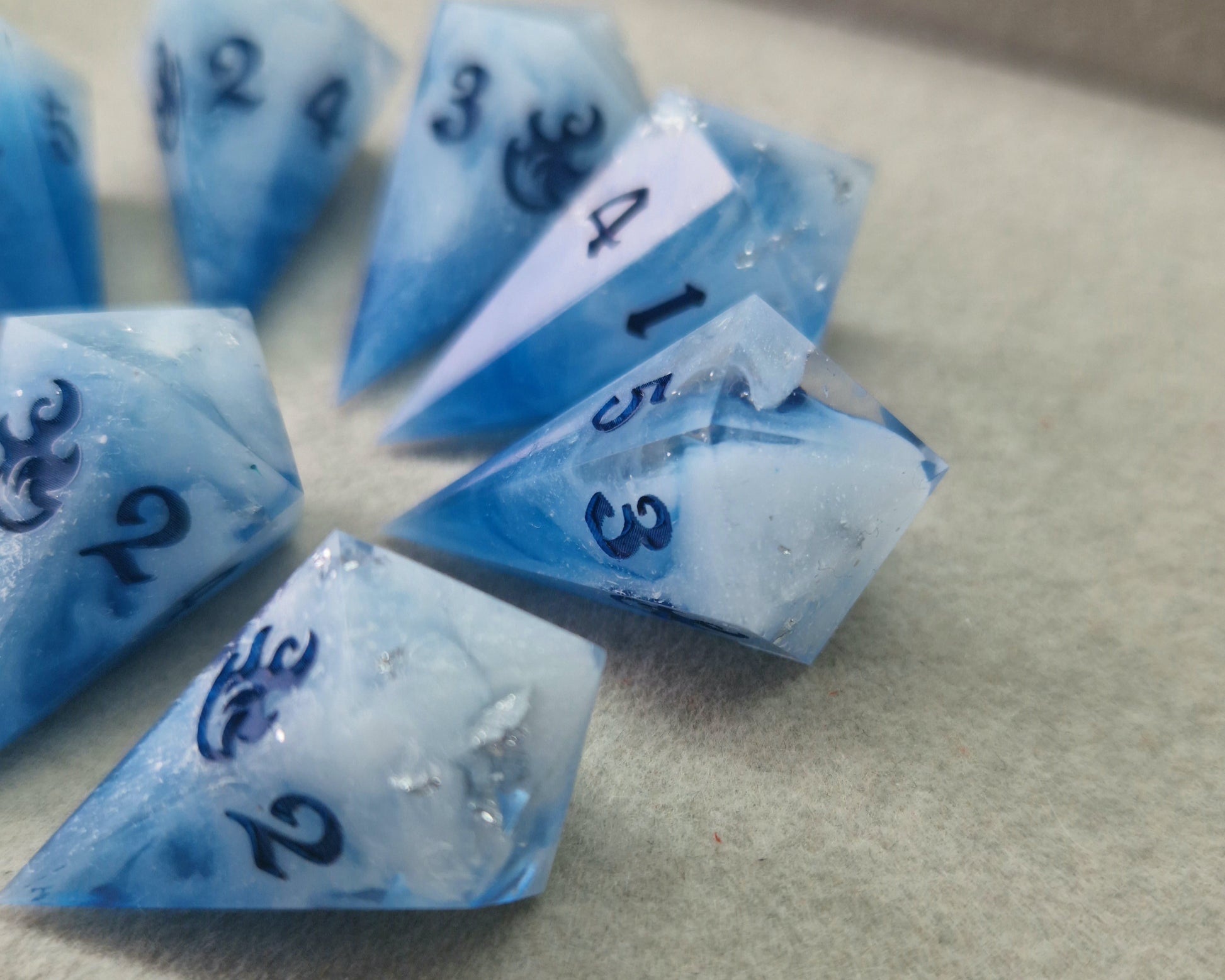 Blue white and silver fireball dice