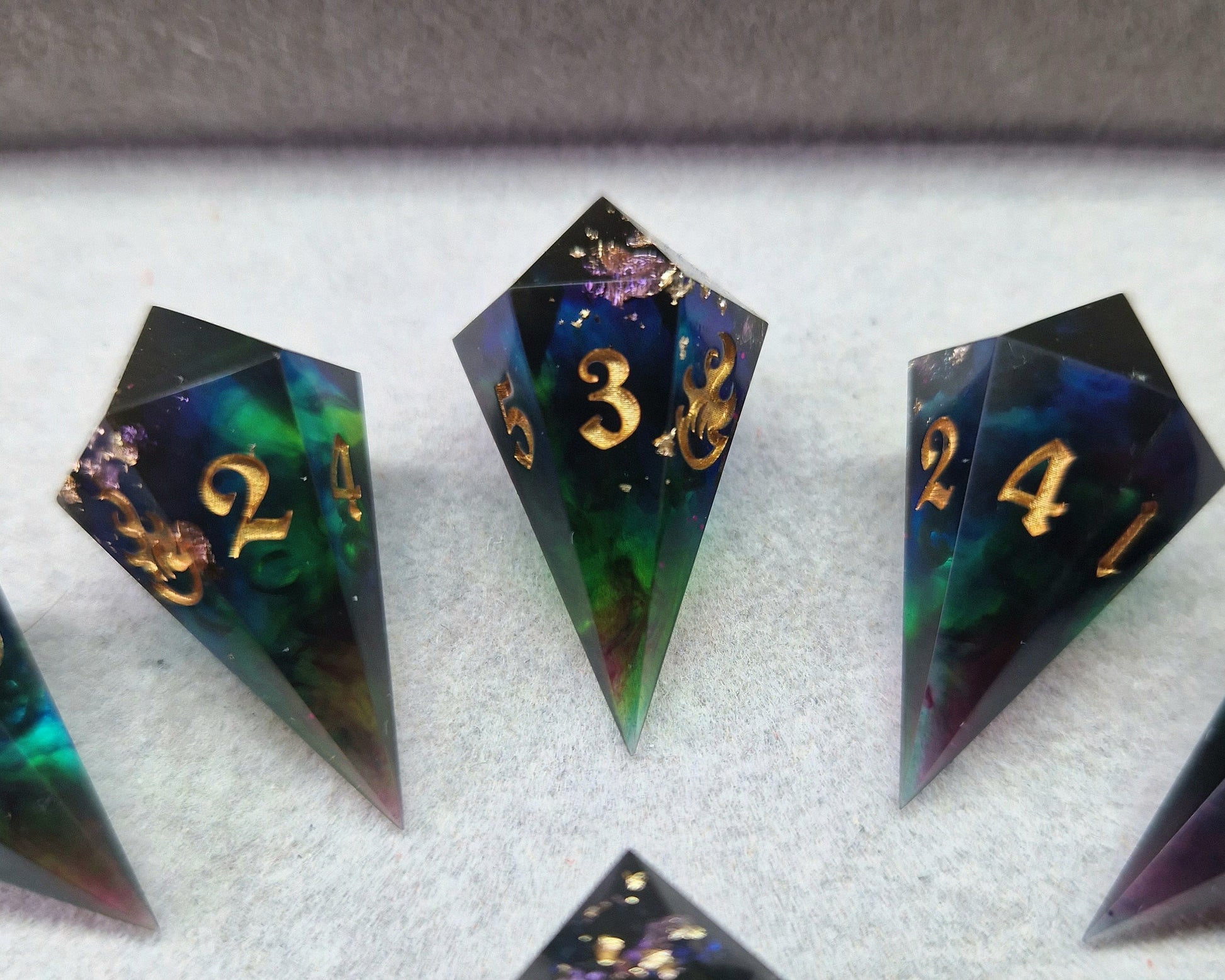 multicoloured resin fireball dice