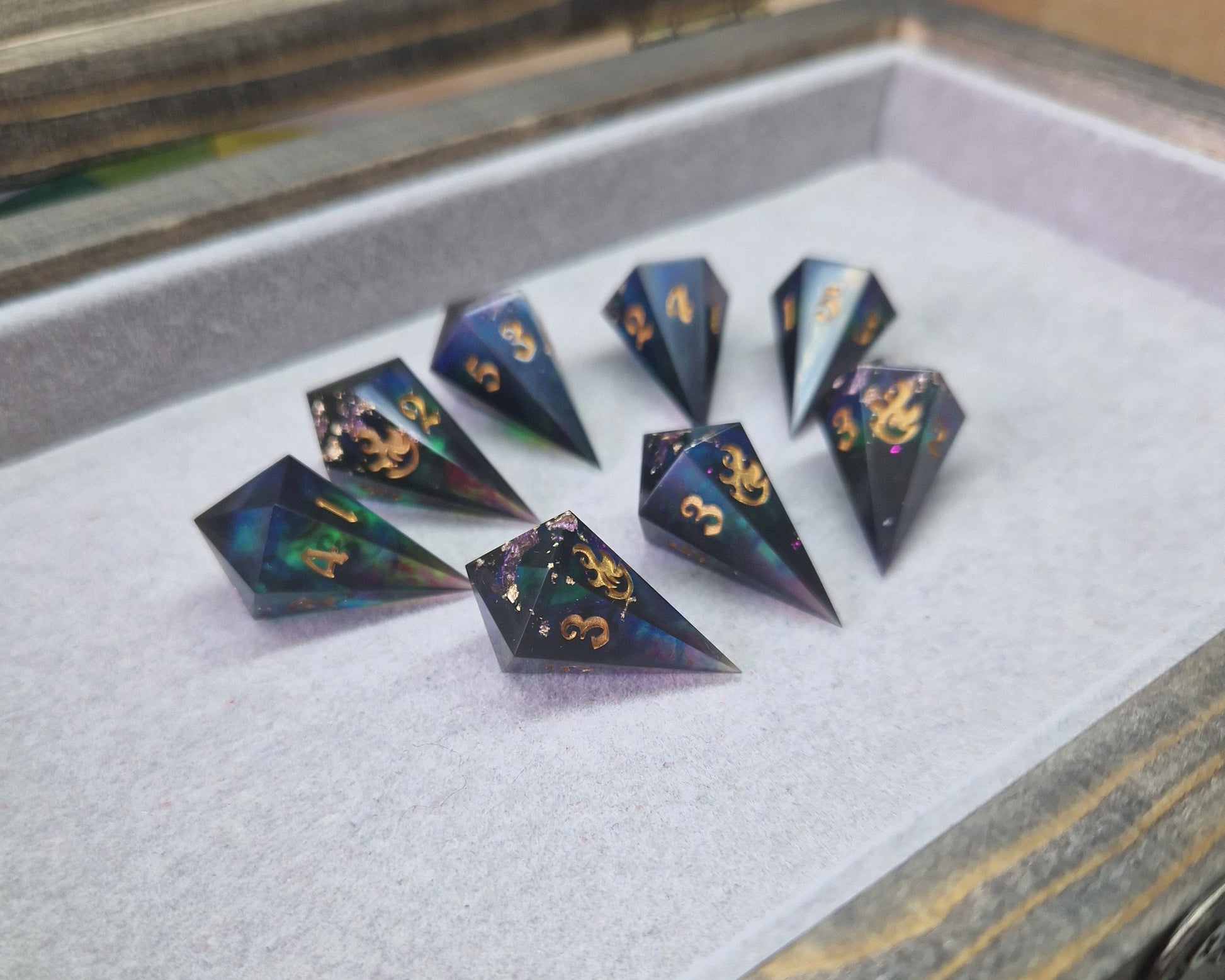 multicoloured resin fireball dice