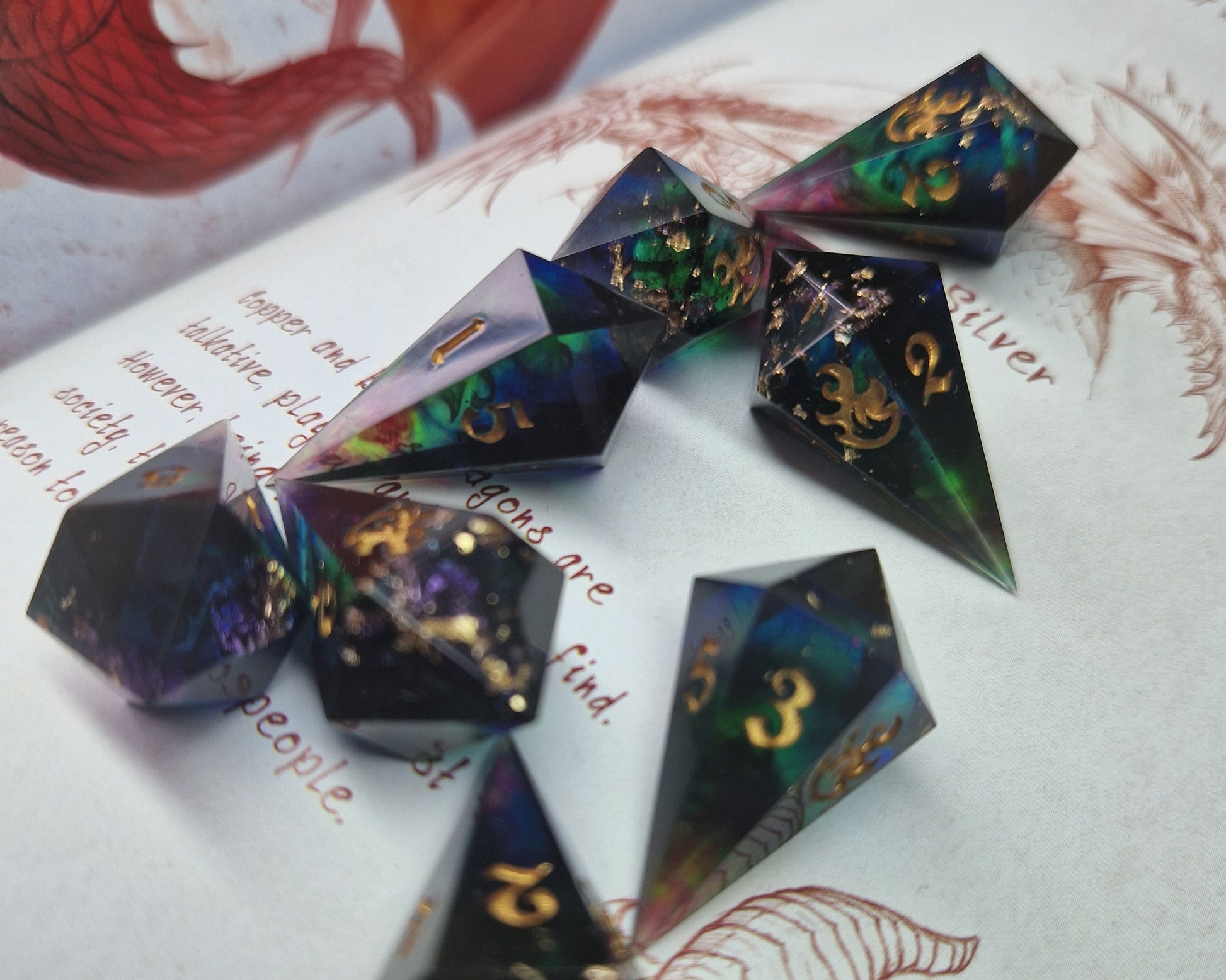 multicoloured resin fireball dice