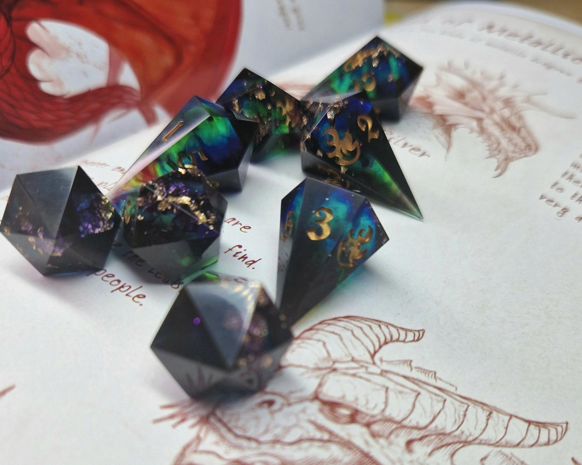 multicoloured resin fireball dice