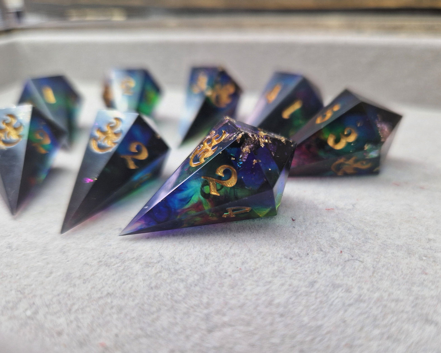 multicoloured resin fireball dice